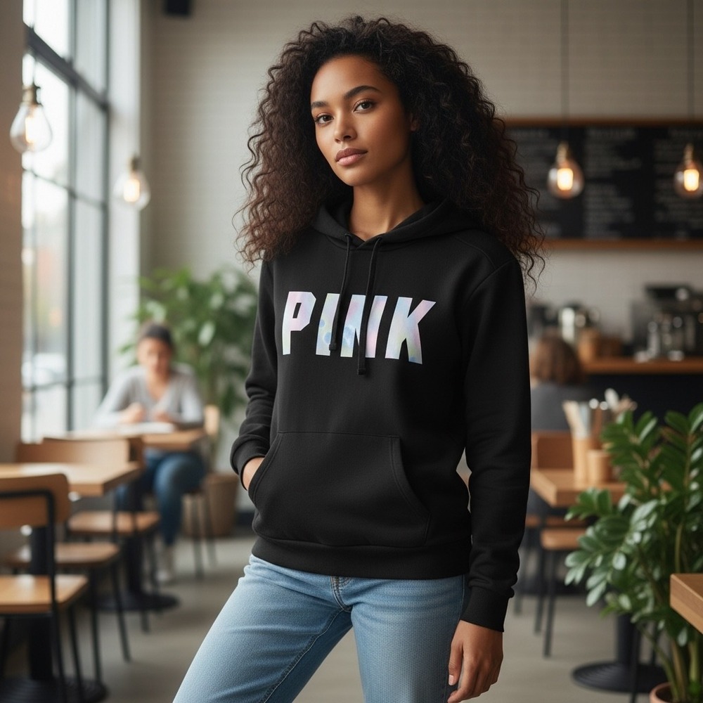 PINK Victoria's Secret Womens Black Iridescent Logo Pullover Hoodie Medium
